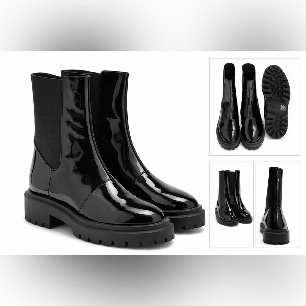 NEW Stuart Weitzman Black Patent Chelsea Lug Sole Boots 7.5 Platform NIB